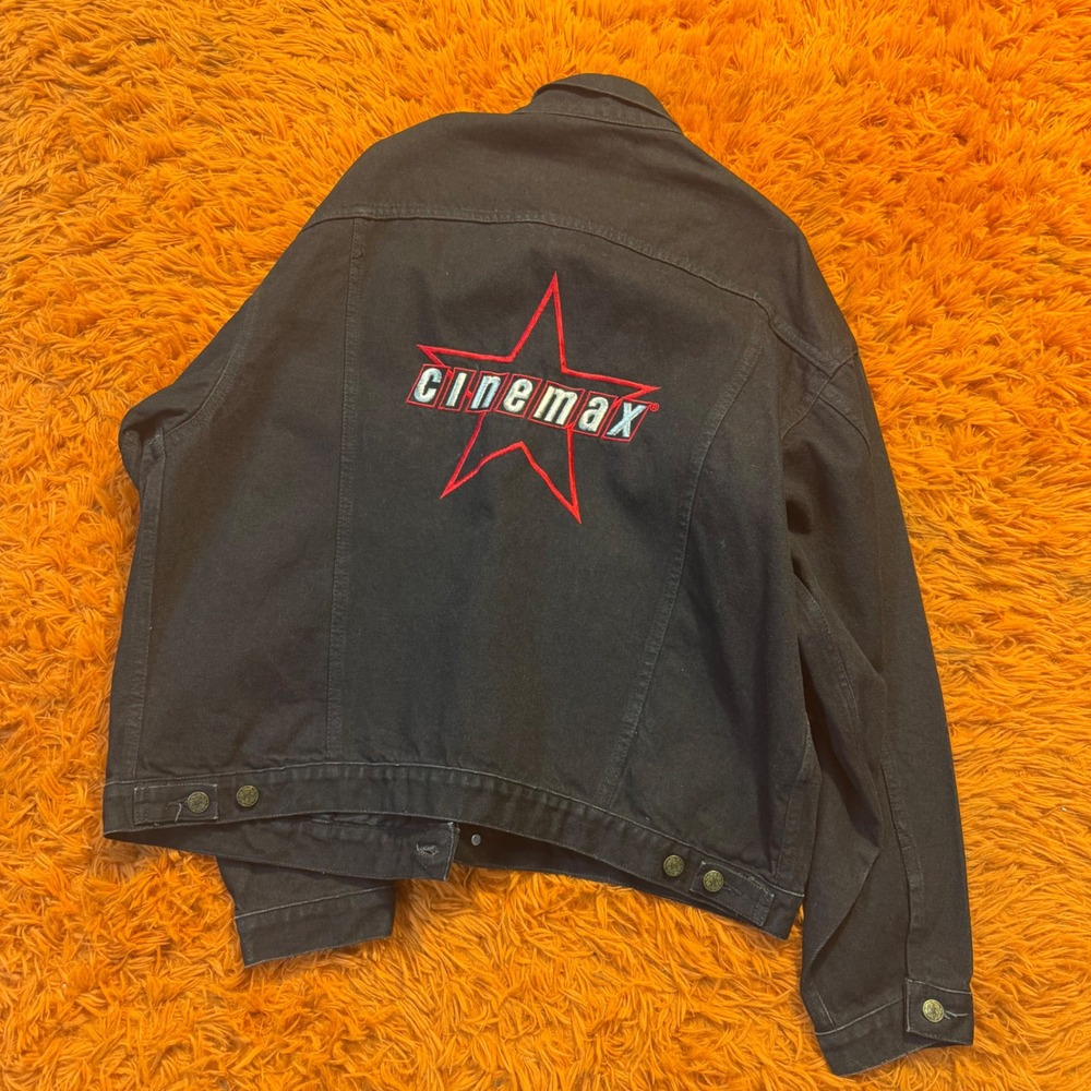 Vintage Cinemax Promo Denim Jacket Black Embroidered Star Logo XL Movie Crew